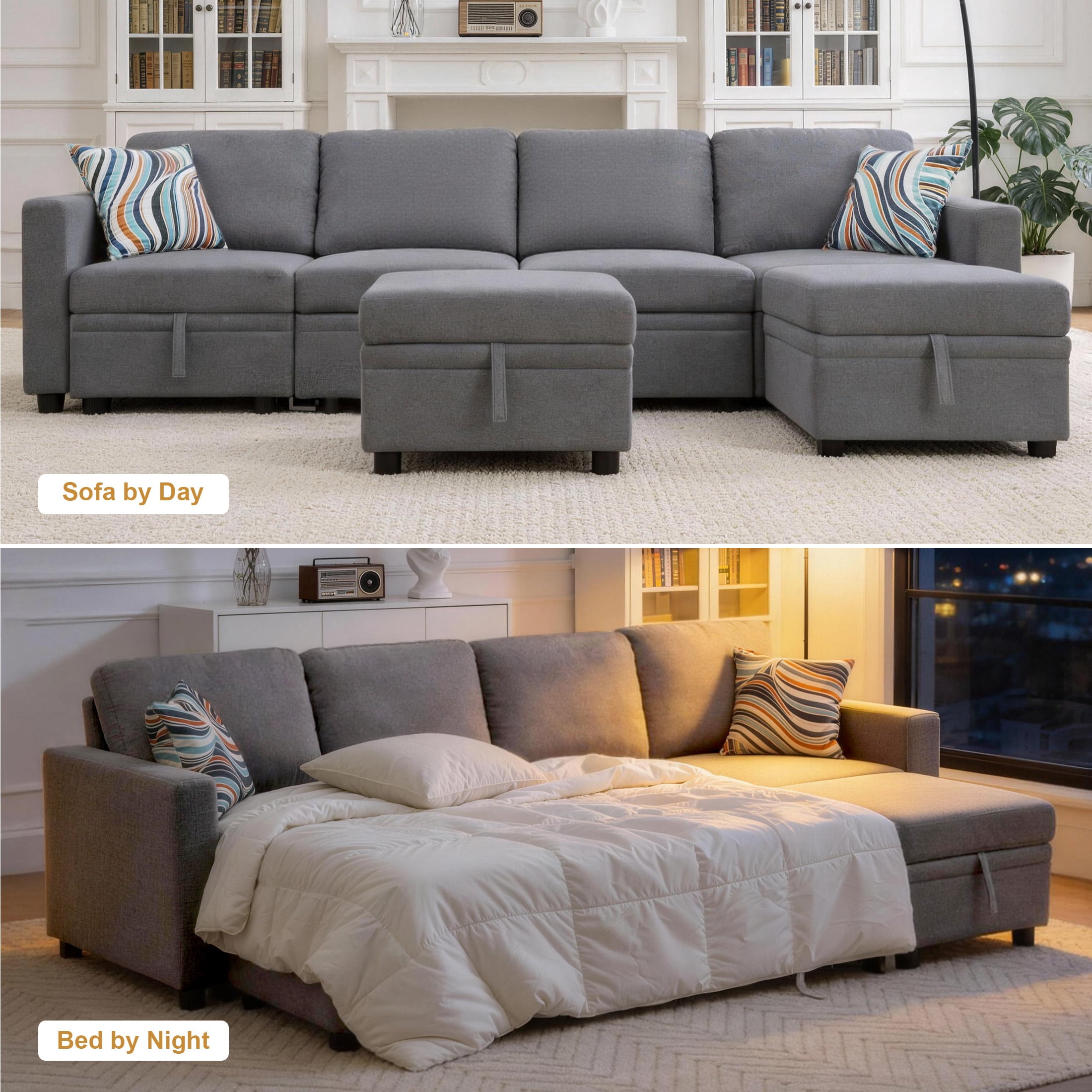 AENKYO 102'' U-Shaped Sectional Sofa Bed, Linen Pull Out Sleeper Couch with Storage Seats for Living Room，Gray