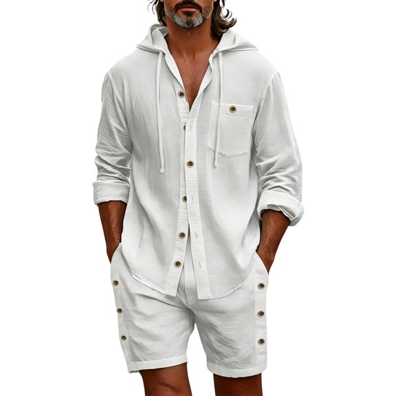 Eryao Big and Tall Mens Two Piece Jogger Set Casual Button Down Long Sleeve Hooded Shirts and Elastic Waist Shorts with Pockets Summer Beach Vacation Lounge Sets,White,XXXL