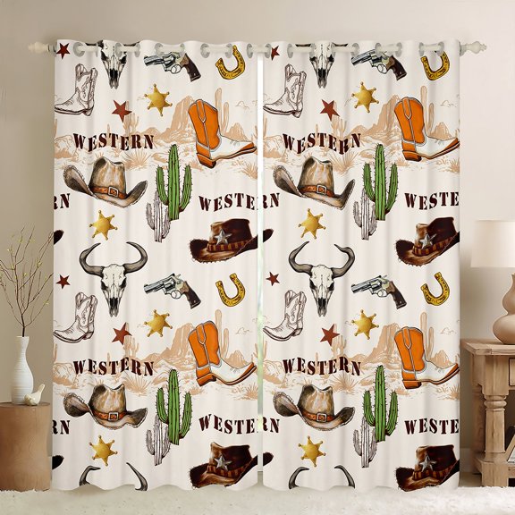 Homewish Vintage Bull Skull Black Out Curtains,Rustic Farmhouse Cabin Curtains Pack of 2 (42x63 Each),Western Cowboy Hat Boots Bedroom Curtains For Men Women,Super Cozy Room Decor