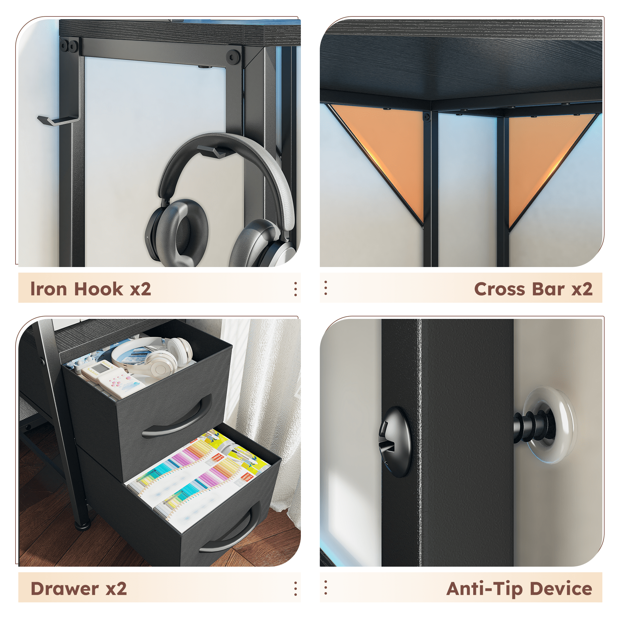 Enhomee Corner Desk with Storage & Hutch Office Desk with 2 Fabric Drawers Gaming Desk with Outlets & LED Lights Computer Desk with Shelves, Black