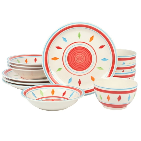 Gibson Home 134292.12R Heidy Hand Painted Durastone Dinnerware Set, Red - 12 Piece