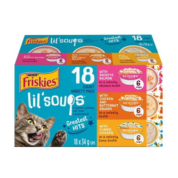 Friskies Lil' Soups Greatest Hits Variety Pack, Cat Food Complement, 34 g x 18