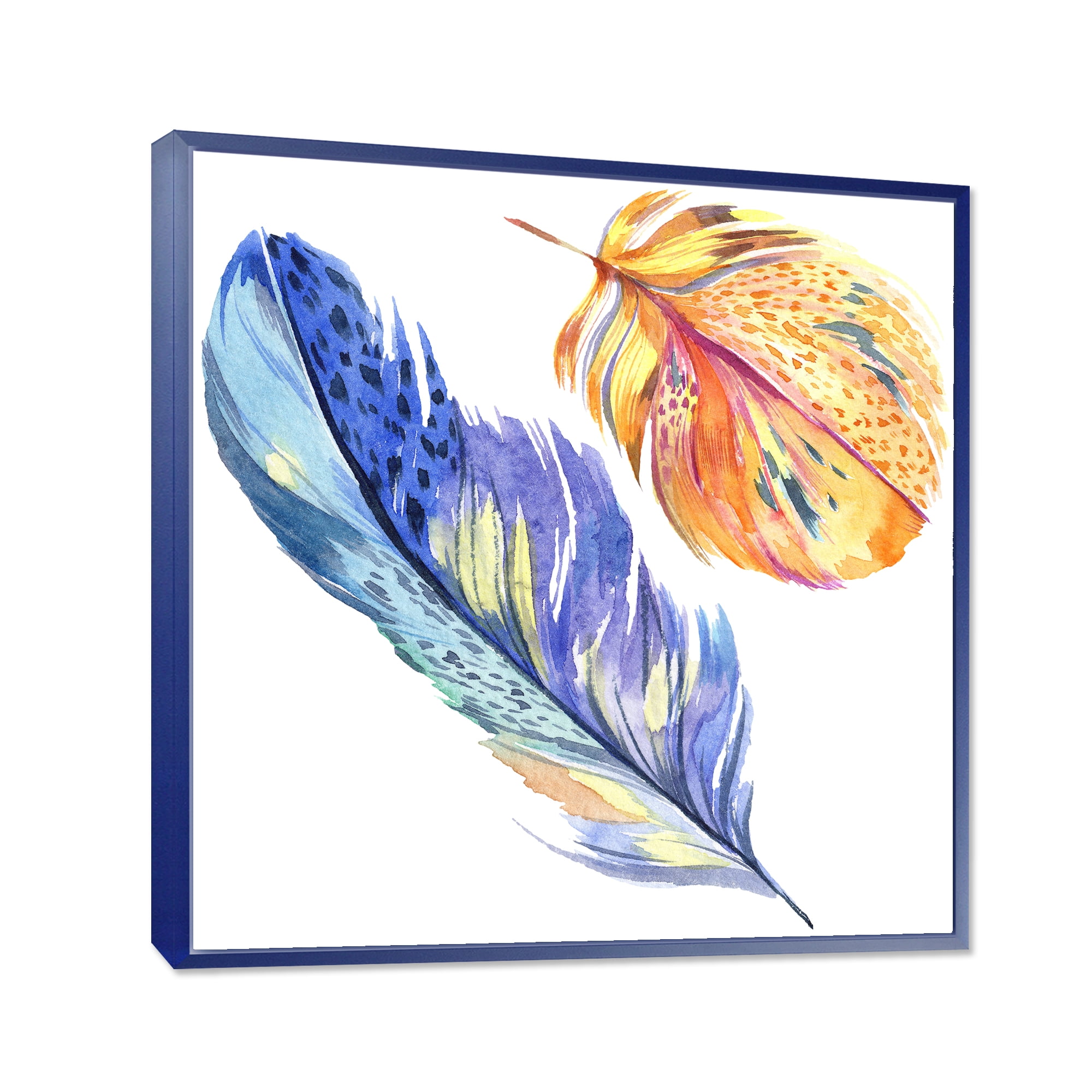 Colorful Blue and Golden Bird Feather From Wing 36 in x 36 in Framed Painting Canvas Art Print, by Designart