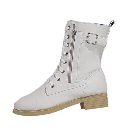 hopeusnice Lace Up Buckle Decor Side Zipper Boot Block Heel Street Style Boot Beige 35