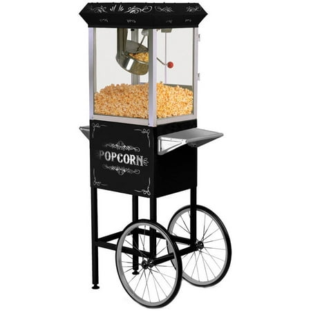 Elite EPM-200B 2-in-1 Black Vintage Popcorn Trolley Cart 8oz Popcorn Maker Machine Popper