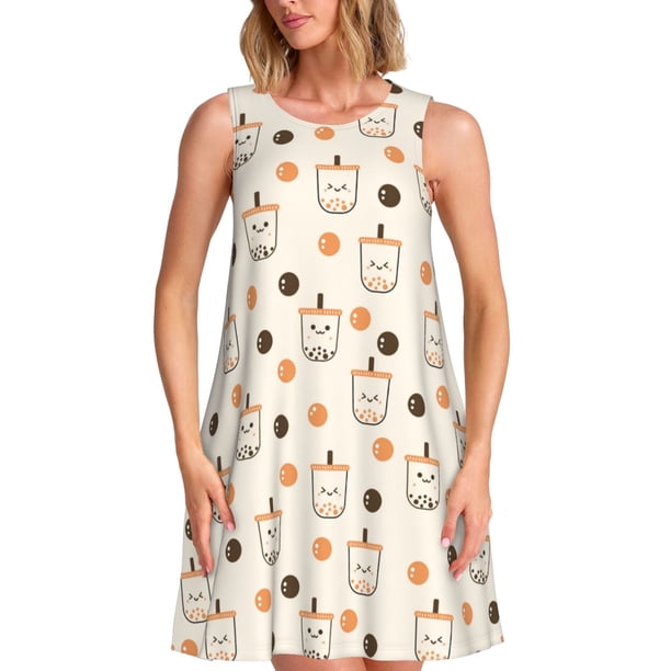 Balery Milk Tea7 Vestidos de verano para mujer con estampado: vestido holgado sin mangas, vestido playero informal y cómodo para días calurosos.