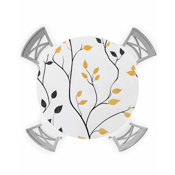 nqOlkjepod Yellow Black Leaves Round Tablecloth, Fitted Table Cover with Elastic for 45"-54" Round Tables, Rustic Branches Botanical Table Cloth Outdoor Indoor Dinning Party Waterproof Tablecloths