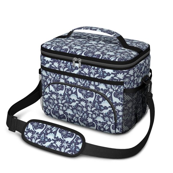 Dinosaur and Foliage Navy Blue Pattern Insulated Lunch Box for Women Men, Medium Leakproof Cooler Bag with Adjustable Strap, 10"x6.7"x8"