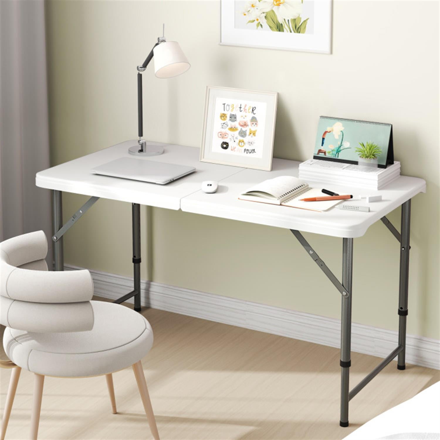 Demi Bonn 4 Feet Portable Camping Table with HDPE Tabletop and Metal Legs fordoor Outdoor, Fold-in-Half Plastic Dining Picnic Party Table, White