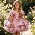 thumbnail image 5 of Girls Satin Mini Princess Dresses Cape Sleeve Neck Ruffle Tiered Gowns for Wedding Birthday Party Evening Ceremony Pink 5-6 Years, 5 of 6