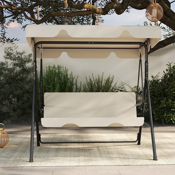 TUAREX 3-Seat Outdoor Patio Swing Chair, Steel Frame, 500 lbs Capacity, with Cushion and Adjustable Canopy, for Porch, Garden, Beige
