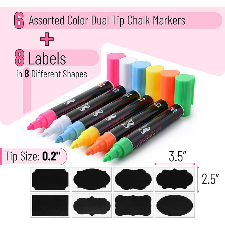Chalk Markers, 6 Pack, Dual Tip, Pastel Colors, 8 Labels, Chalkboard Markers
