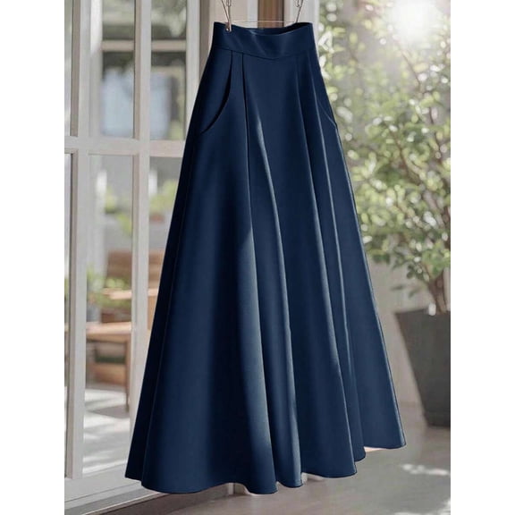 Royal Blue High Waist A-Line Pleated Flowing Midi Skirt For Women