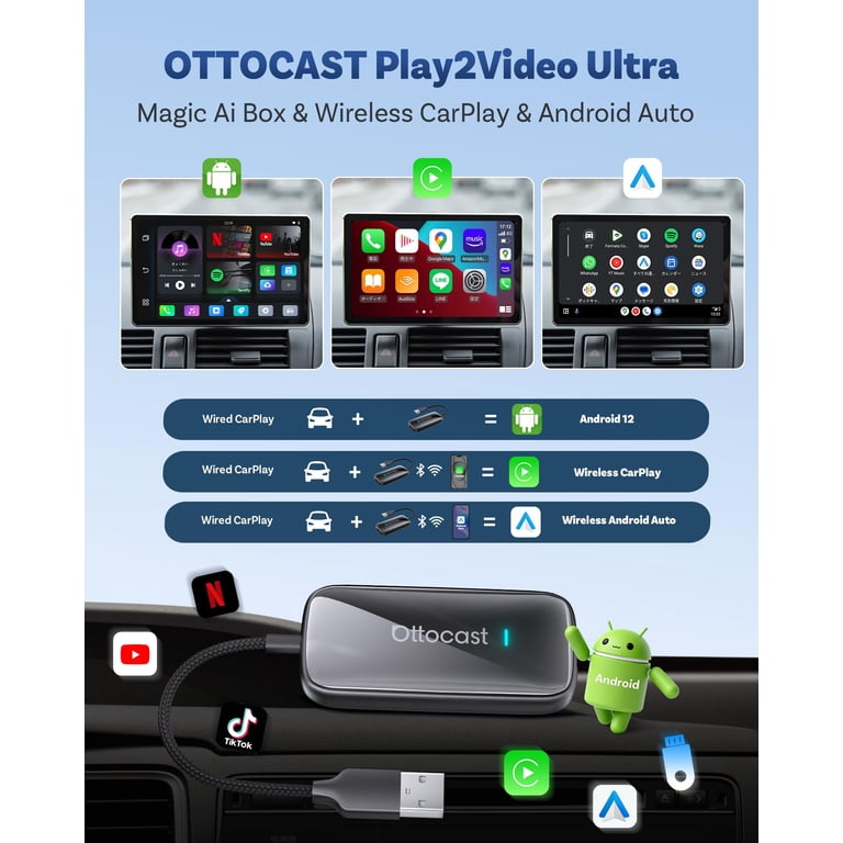Ottocast Play2video Ultra , 2-in-1 Wireless CarPlay & Android Auto
