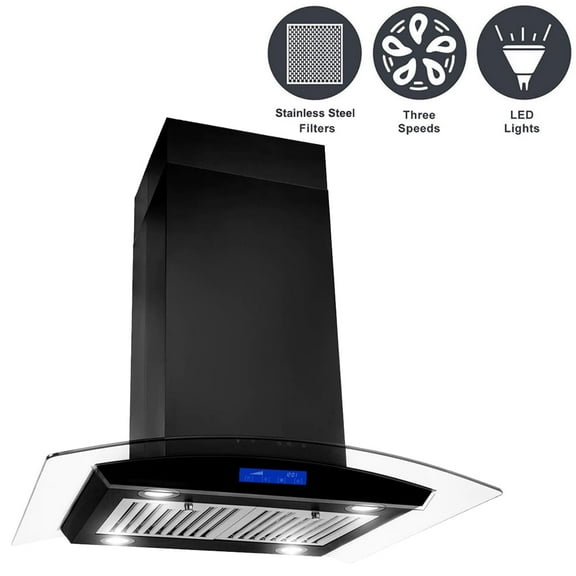 Island Mount Range Hood 36 inch Kitchen 3-Speed Extractor Fan Mesh Filter Tempered Glass