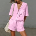 thumbnail image 6 of OGLCCG 2 Piece Cotton Linen Sets for Women V Neck Short Sleeve Tops and Wide Leg Shorts Summer Casual Beach Outfits with Pockets,L, 6 of 7