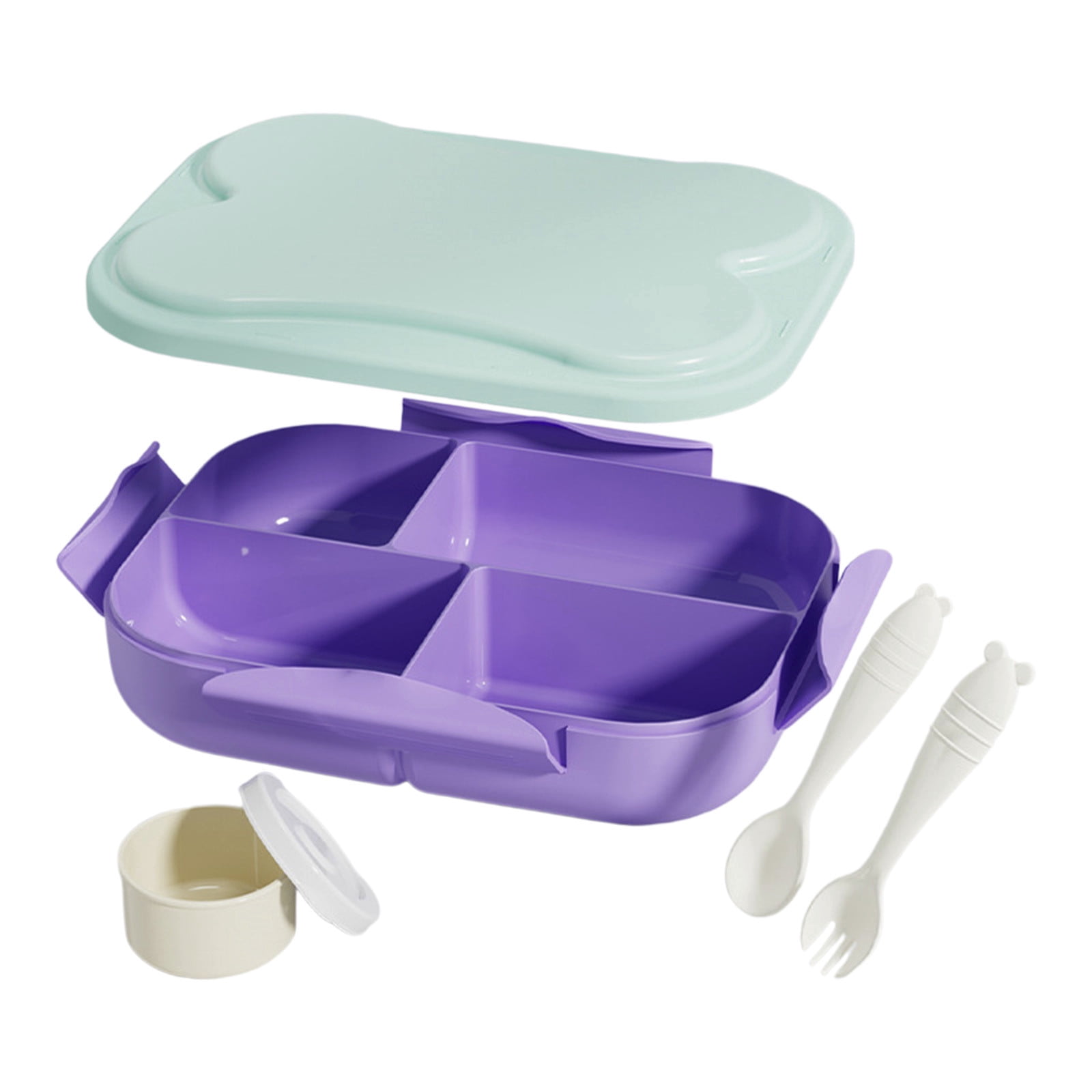 Purple 4 Compartment Bento Lunch Box With Spoon Fork And Sauce Containers Microwave Safe Food Storage Container For Kids Adults Office School