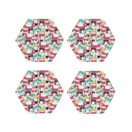

Drink Coasters Set of 4 Hawaiian Style Cute Cartoon Cat Leather Coasters for Coffee Table Protector Heat Resistant Cute Coasters for Home Decor Housewarming Gifts Bar Kitchen 4 Inch Hexagon