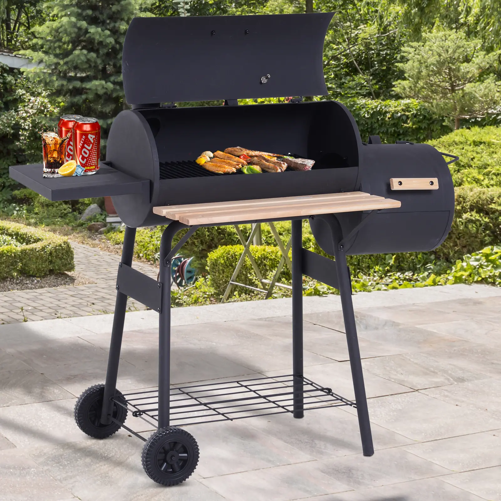 Portable Charcoal BBQ Grill with Wheels, Shelves & Thermometer, Black