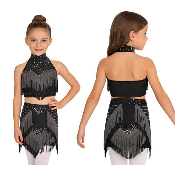 TiaoBug Kids Girls Latin Dance Outfits Fringe Tassels Halter Backless Crop Top with Mini Skirts Dancewear Black 12