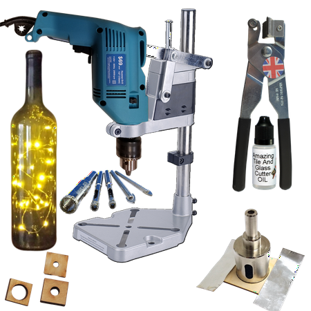 

Glass Cutter Kit3 Drill and Drill Stand with Diamond Glass Drill Bit Kit for Diy Glass Lamp or Wine Bottle Bird Feeders Diamond Drill Bits & Guides Easily Put Holes in Glass Bottle - Cutter Oil inc.