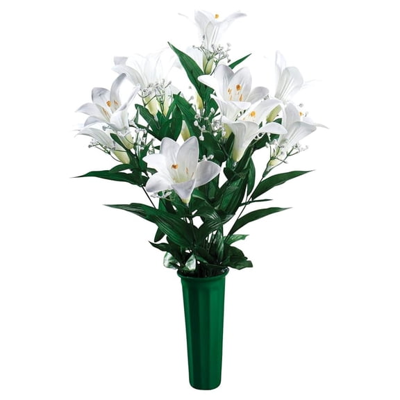 Easter Lily Silk Memorial Bouquet - 23 Inch Artificial Flowers for Indoor/Outdoor Décor, Cemetery Vase, Realistic Faux Floral Arrangement