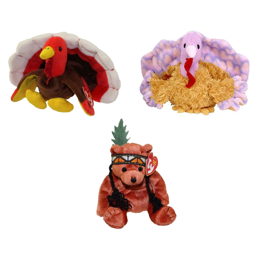 THANKSGIVING TY Beanie Babies Gobbles, Tommy & Little Feather MWMT Set of 3