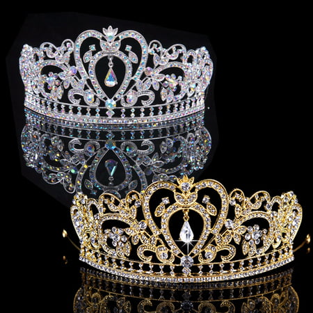 Bridal Princess Austrian Stunning Rhinestone Crystal Hair Tiara Wedding Crown Veil Headband for Wedding Prom,Gold color