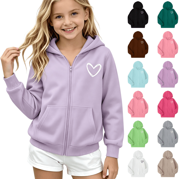 Wilark Girls Zip Up Hoodies Size 5-12, Long Sleeve Heart Print Fleece Warm Casual Kids Fall Sweatshirts Purple