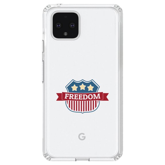 DistinctInk Clear Shockproof Hybrid Case for Google Pixel 4 XL (6.3" Screen) - TPU Bumper Acrylic Back Tempered Glass Screen Protector - USA Freedom Badge Red White & Blue