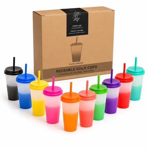 Color Changing Cups 10 Pack, 12 oz Reusable Plastic Cold Cups with Lids and Straws, BPA-Free Tumblers for Iced Coffee, Smoothies, Parties, Picnics and Kids