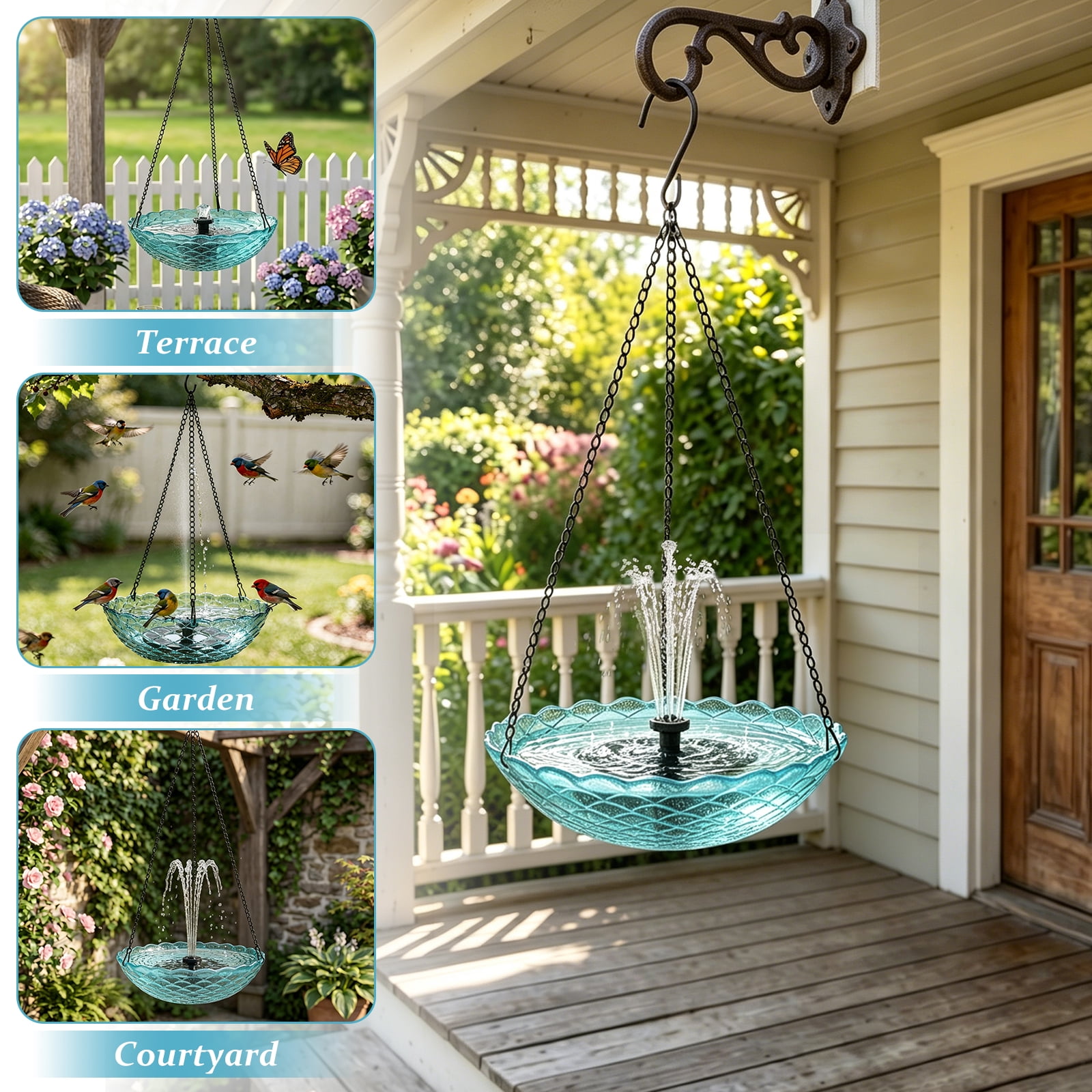 Threns Solar Hanging Bird Bath Fountain Hanging Solar Bird Bath Fountain for Outdoor Garden Backyard Patio Lawn Wildlife Feeder (Blue)
