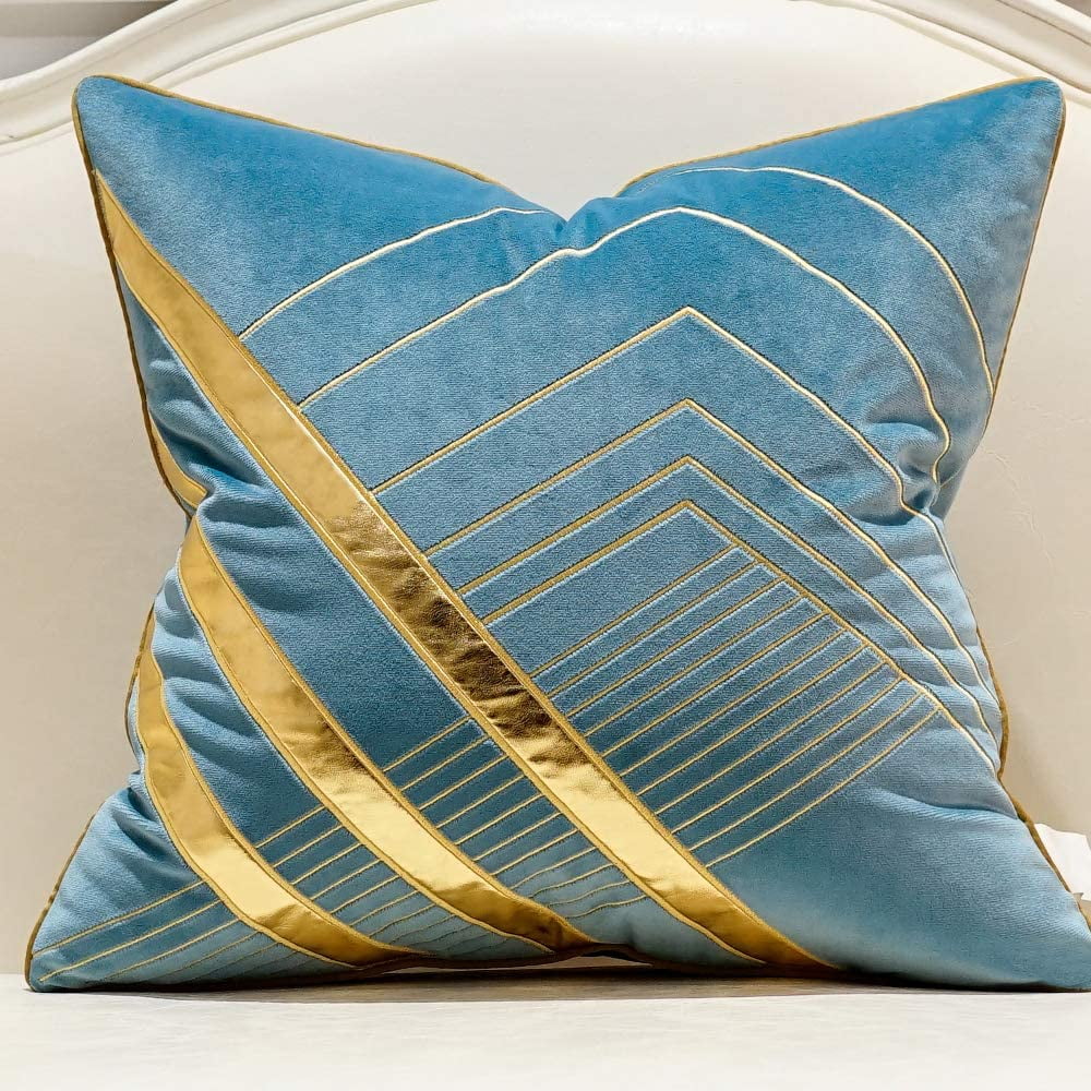 HTOOQ 18 x 18 Inches Light Blue Gold Leather Striped Embroidered Cushion Cases Luxury European Throw Pillow Covers Decorative Pillows for Couch Living Room Bedroom Car 45 x 45cm Walmart