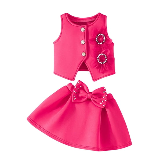 Kids 2-Piece Outfit Set, Hot Pink Snap Closure Top & Bow Skirt for Kids Girl Boy 9M-5T,Size 3-4T