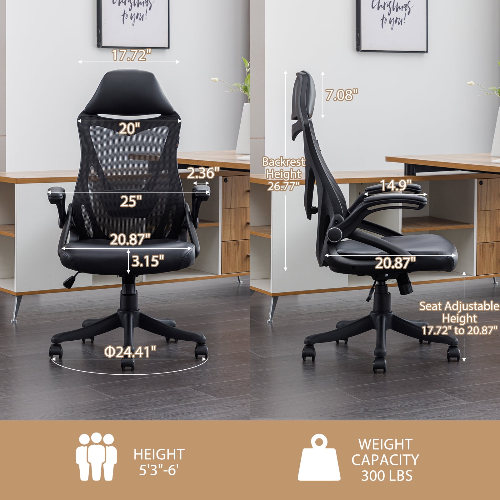 Okeysen Drafting Chair Ergonomic Office Chair Breathable Leather Cushion  Swivel Flip up Arms, Black