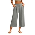thumbnail image 2 of Bloomae Capris for Women Loose Fit Casual Button Elastic High Waist Baggy Pleated Comfy Cropped Trousers Trendy Wide Leg Capri Pants with Pockets, 2 of 8