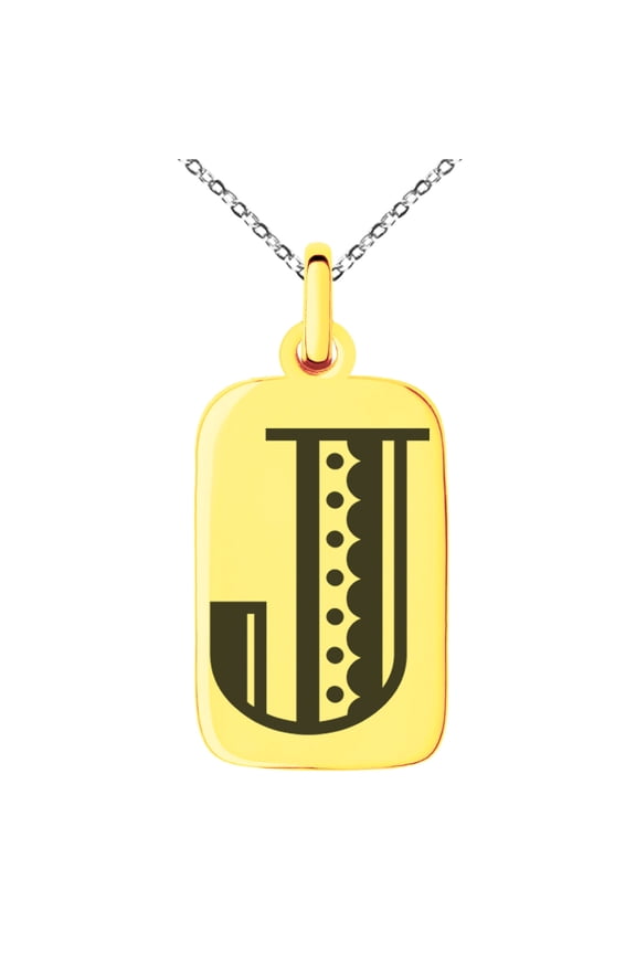 Stainless Steel Letter J Initial Metro Retro Monogram Engraved Small Rectangle Dog Tag Charm Pendant Necklace