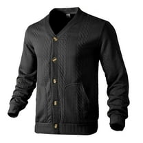 Mens Sweater Coat Tops Solid Color Jacquard Button Up Knit V Neck Comfortable Mens Warm Sweaters,Black,L
