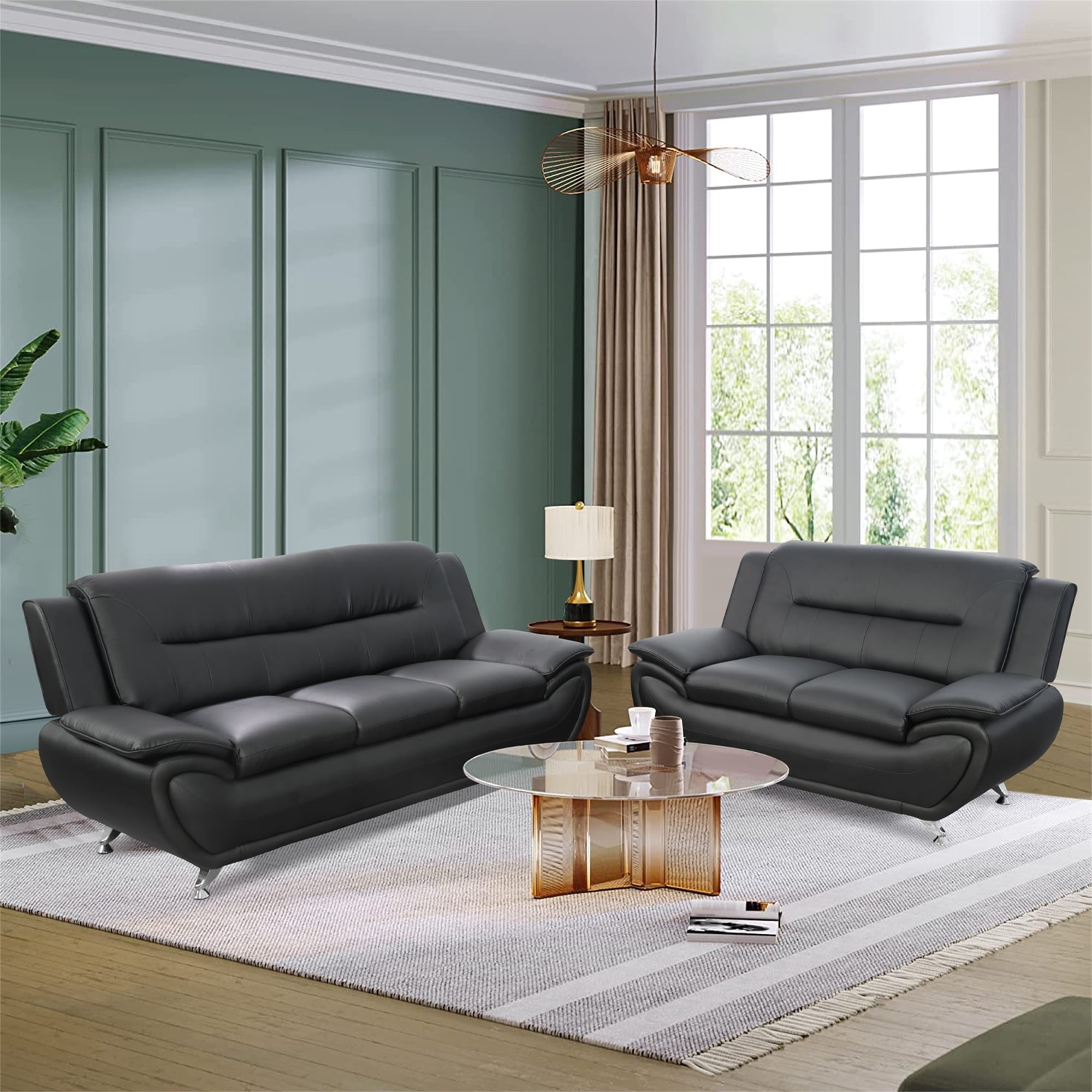 Aukfa 3 Piece Sofa Set - 61" Wide Upholstered Loveseat Couch for Living Room Bedroom, Leather, Black