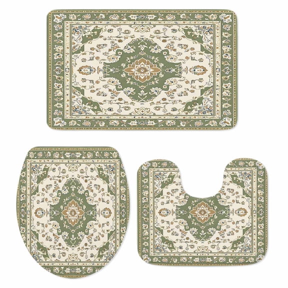 Sage Green Bath Mat 3 Piece Bathroom Rug Set, Southwest Tribal Antique Boho-Chic Farmhouse Non Slip Bath Rug Contour Mat and Toilet Lid Cover, Absorbent Shower Mats Soft Bath Rugs and Mats Sets