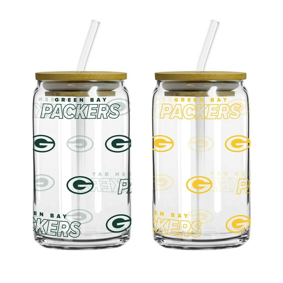 Logo Brands Green Bay Packers 16oz. Step And Repeat Glass Can with Lid & Straw 2-Pack