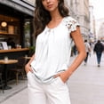 thumbnail image 4 of Womens Lace Tops Pleated Short Sleeve Shirts Summer Business Casual Dressy Blouses White XL, 4 of 6