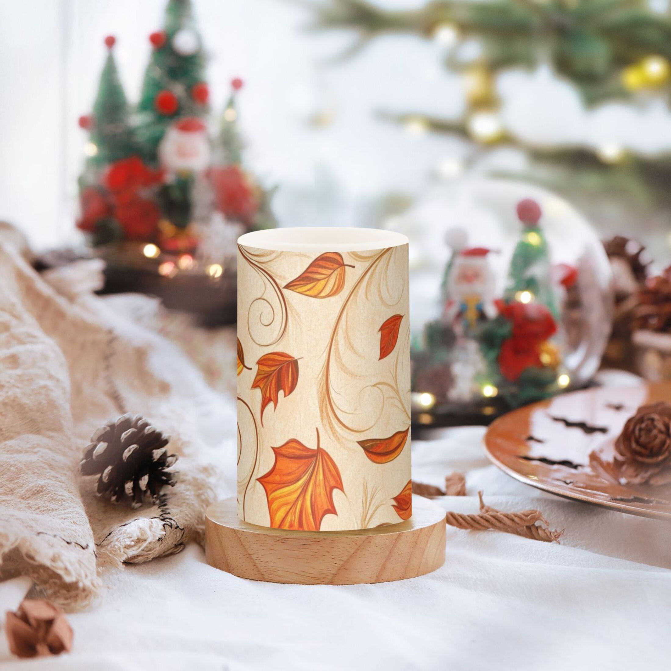 Autumn Orange Leaves Flickering Flameless Candles Battery Operated with Remote Timer LED Pillar Candles Set of 2
