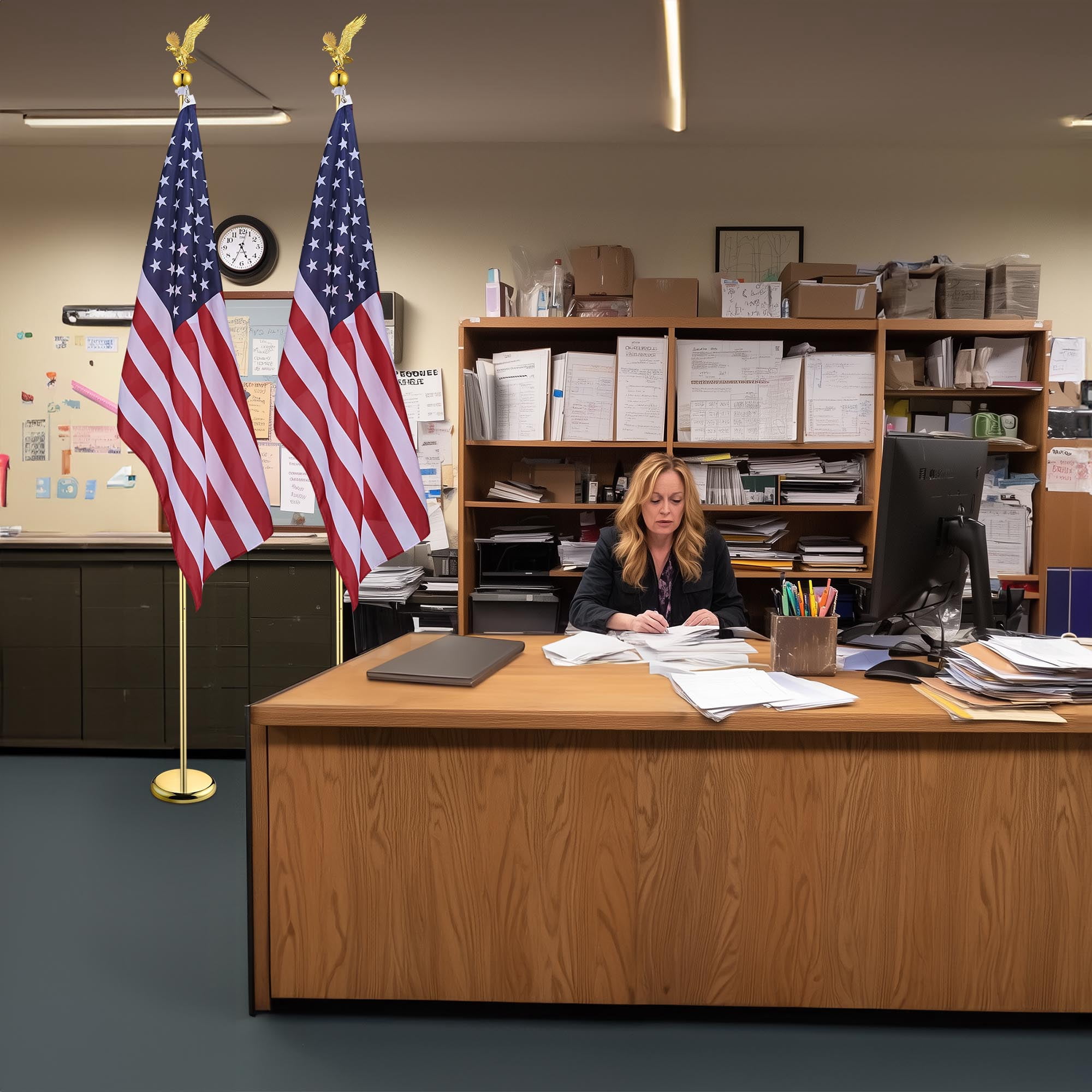 Yescom 8Ft Indoor Flag Pole Kit Eagle Topper Aluminum Gold Pole with Base 3x5Ft US Flag for Office School City Hall 2Pcs