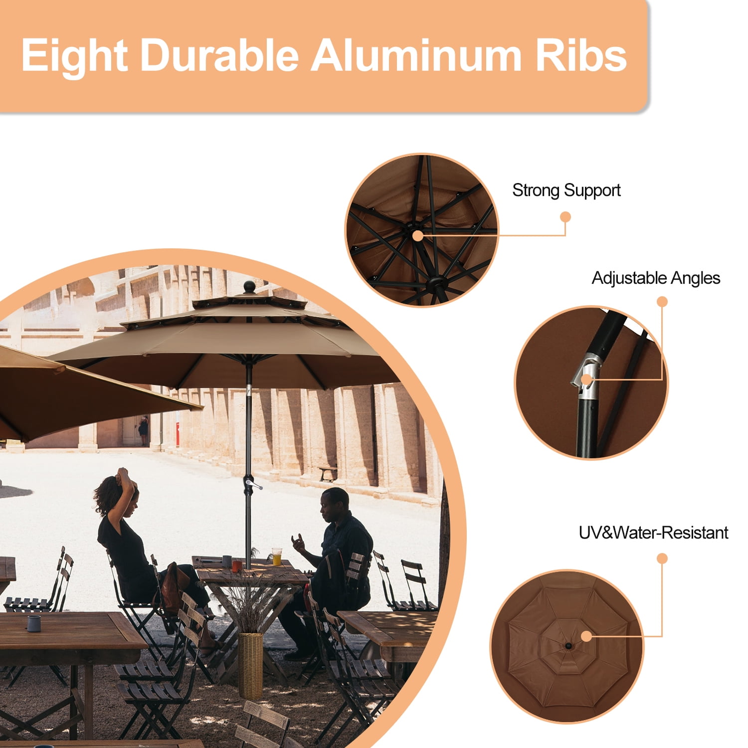 Autlaycil 10ft Brown Outdoor Patio Umbrella with 3 Tiers, Push Button Tilt and Crank for Garden Lawn Backyard Pool