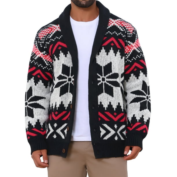 Suéter de punto con botones y cuello chal de manga larga para hombre, color negro y rojo