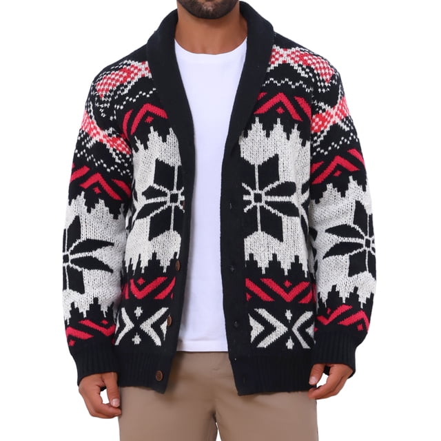 Suéter de punto con botones y cuello chal de manga larga para hombre, color negro y rojo