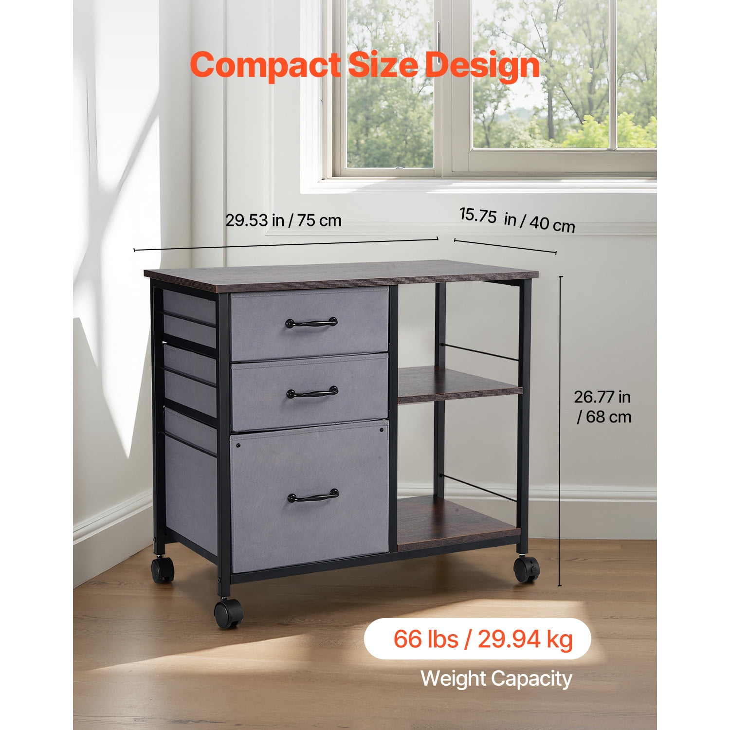 KFFKFF Metal File Cabinet, Mobile Filing Unit with 3 Fabric Drawers and 2 Open Shelves, Wooden Vertical Storage Cabinet with Wheels for Letter, A4, and Legal Size Files, Easy to Assemble, Brown