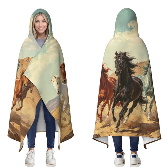 Running Horse Wearable Blanket Hoodies for Women Men Adults Horse Lovers Plush Lightweight Vintage Horses Hooded Blankets for Bedding Travel Decor Birthday Gifts 50×60 Inch