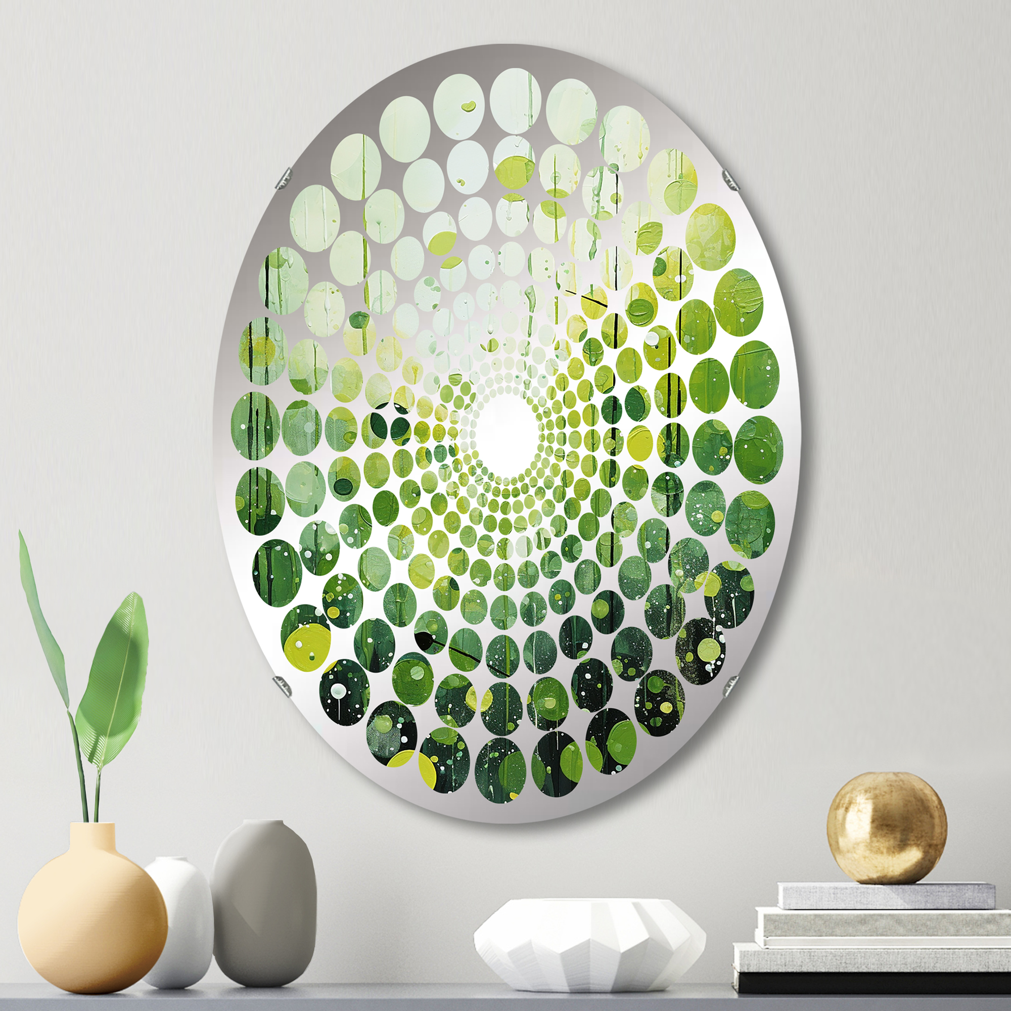 Designart "Botanical Quarters with a Quirky Twist" Pop Art Radial Dot Round Wall Mirror - Abstract Oval Printed Decorative Mirror - Multiple Color Options